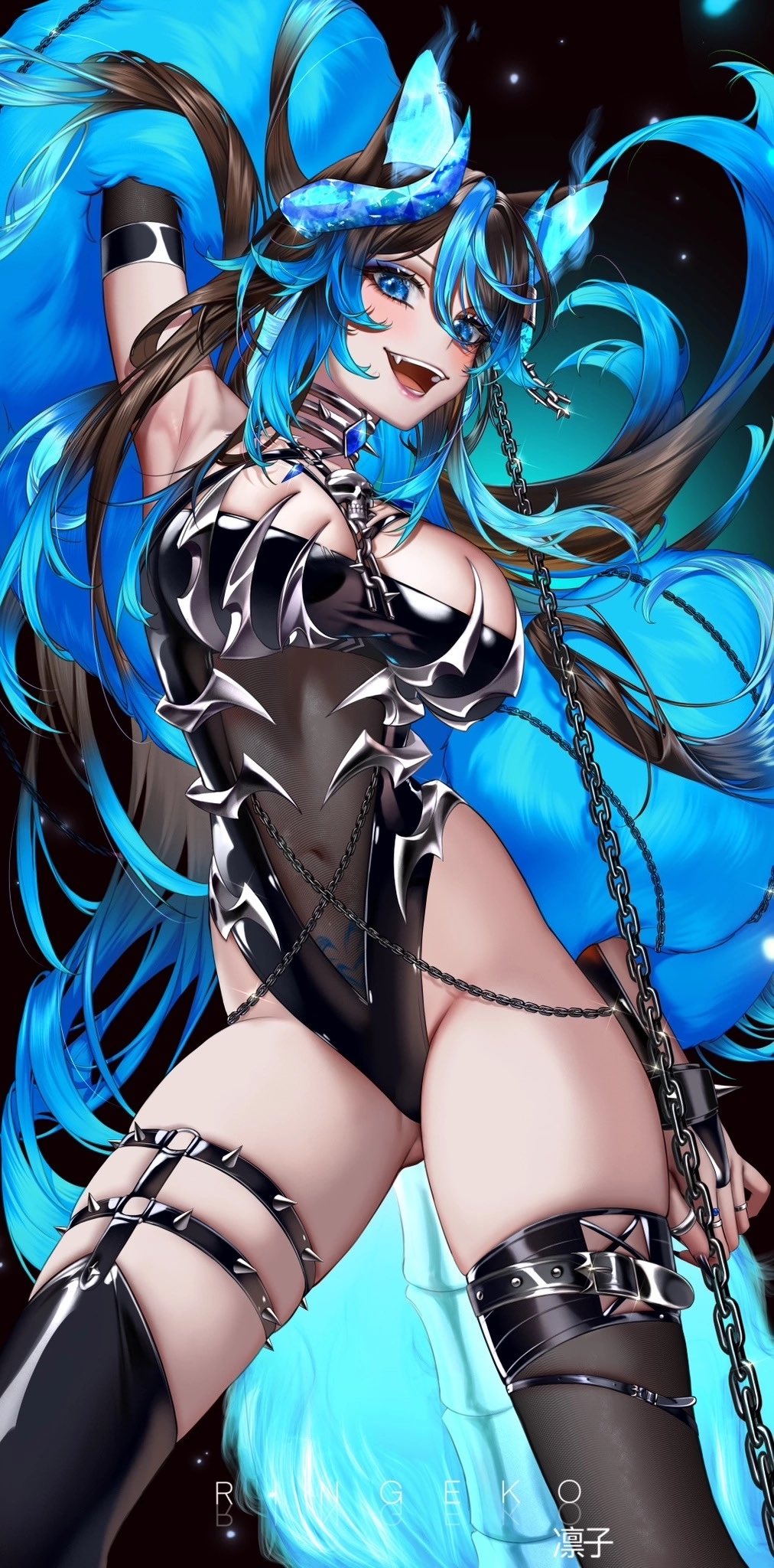 1girl, :d, alternate_eye_color, alternate_hair_color, animal_ears, arm_up, armpits, artist_name