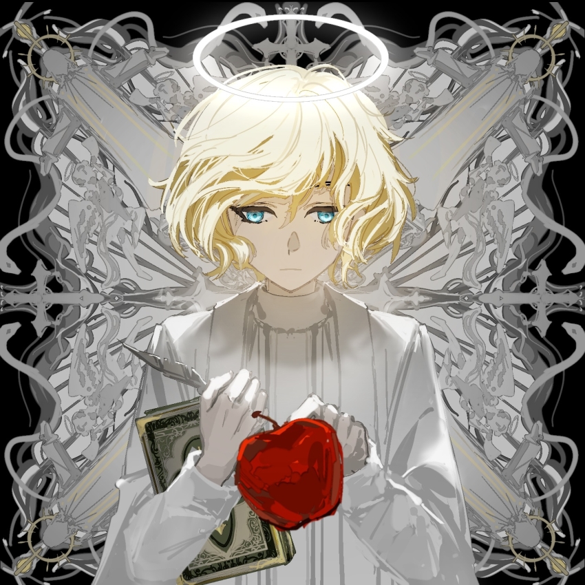 1boy, abstract_background, adam_(lord_of_the_mysteries), aged_down, angel, aqua_eyes, blonde_hair, blue_eyes, book, chinese_commentary, closed_mouth, commentary_request, facing_viewer, halo, highres, holding, holding_book, holding_quill, instrument, looking_down, lord_of_the_mysteries, mowuxuan772, pale_skin, quill, robe, shaded_face, short_hair, snake, solo, statue, trumpet, white_robe, wind