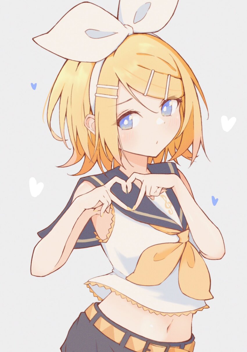 1girl, arched_back, bare_arms, bare_shoulders, blonde_hair, blue_eyes, bow, cidre_db, grey_background, hair_bow, hair_ornament, hairclip, heart, heart_hands, highres, kagamine_rin, looking_at_viewer, midriff, navel, neckerchief, parted_lips, sailor_collar, shirt, short_hair, shorts, sideways_glance, sleeveless, sleeveless_shirt, solo, swept_bangs, treble_clef, vocaloid, white_bow, yellow_nails, yellow_neckerchief