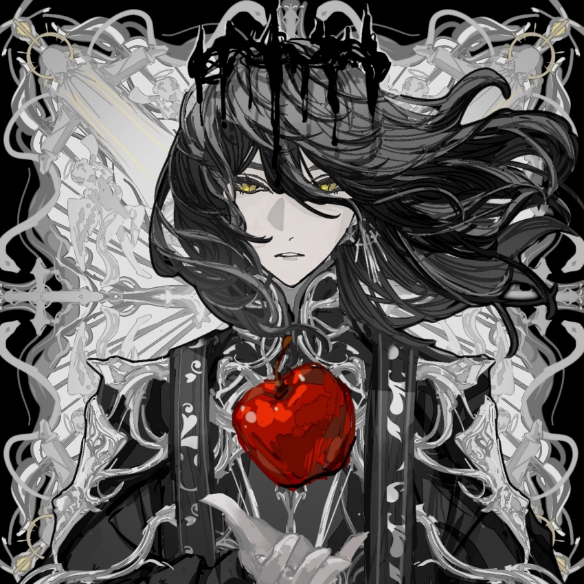 1boy, abstract_background, adam_(lord_of_the_mysteries), angel, apple, black_hair, black_halo, black_robe