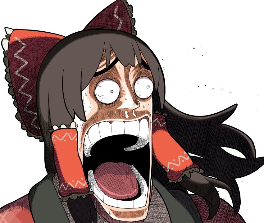 1girl, bloodshot_eyes, bow, brown_hair, bulging_eyes, commentary_request, constricted_pupils, enel_face_(meme), eye_pop, frilled_bow, frilled_hair_tubes, frills, hair_bow, hair_tubes, hakurei_reimu, highres, jaw_drop, kyuukei_usagi, long_hair, meme, oda_eiichirou_(style), one_piece, open_mouth, parody, portrait, red_bow, sidelocks, simple_background, snot, solo, style_parody, surprised, sweat, teeth, tongue, touhou, white_background, wide-eyed