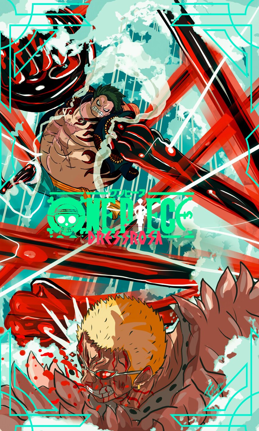 2boys, absurdres, black_hair, blonde_hair, blood, blood_on_face, clenched_hand, clenched_teeth, coat, cover, donquixote_doflamingo, earrings, epic, fake_cover, feather_coat, fighting, firescorpio, gear_fourth, gear_fourth:_boundman, haki_(one_piece), hat, highres, jewelry, jolly_roger, logo, looking_at_another, manly, monkey_d._luffy, multiple_boys, muscular, one_piece, punching, scar, scar_on_chest, short_hair, skull_and_crossbones, straw_hat, teeth, unworn_hat, unworn_headwear
