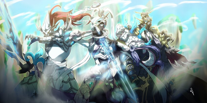 1girl, 2boys, armor, armored_dress, armored_gloves, artist_name, artist_request, black_bodysuit