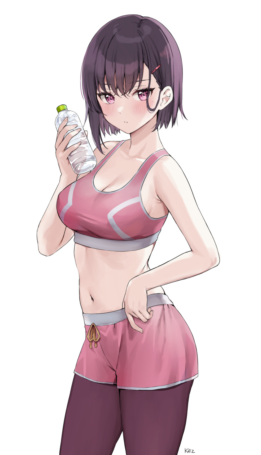 1girl, adjusting_clothes, adjusting_shorts, bare_arms, bare_shoulders, blush, bottle, breasts