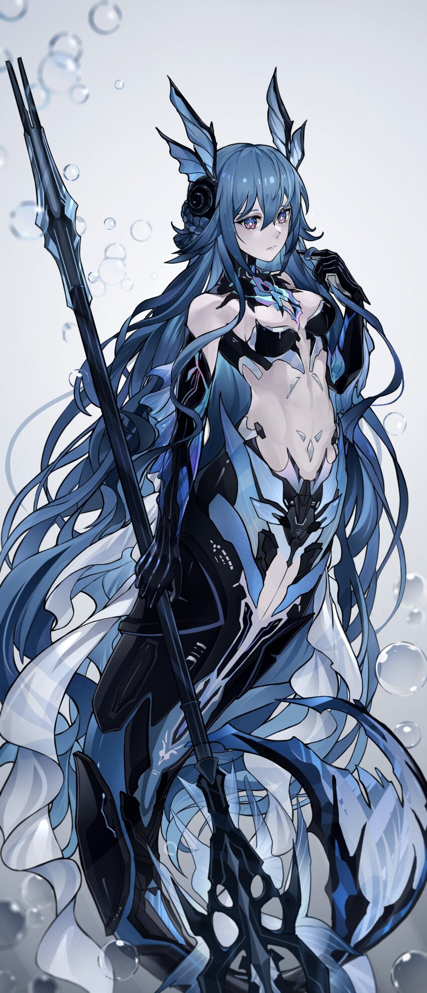 1girl, absurdres, blue_hair, bubble, fins, fish_tail, frown, grey_hair, highres, holding, holding_weapon, lamia:_lost_lullaby_(pgr), lamia_(pgr), long_hair, mechanical_arms, mermaid, monster_girl, polearm, punishing:_gray_raven, tail, ting_zhi_yue, trident, underwater, weapon