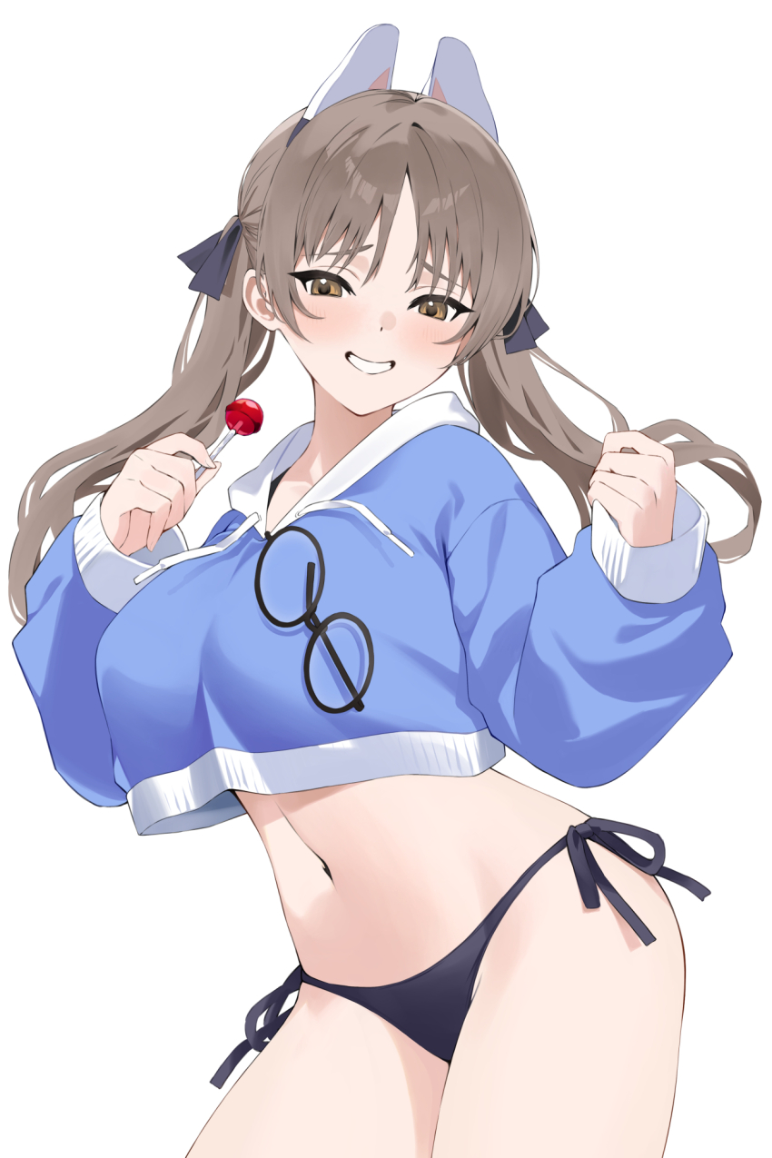1girl, ao_(aokisora_ao), bikini, black-framed_eyewear, black_bikini, blue_archive, breasts, brown_eyes