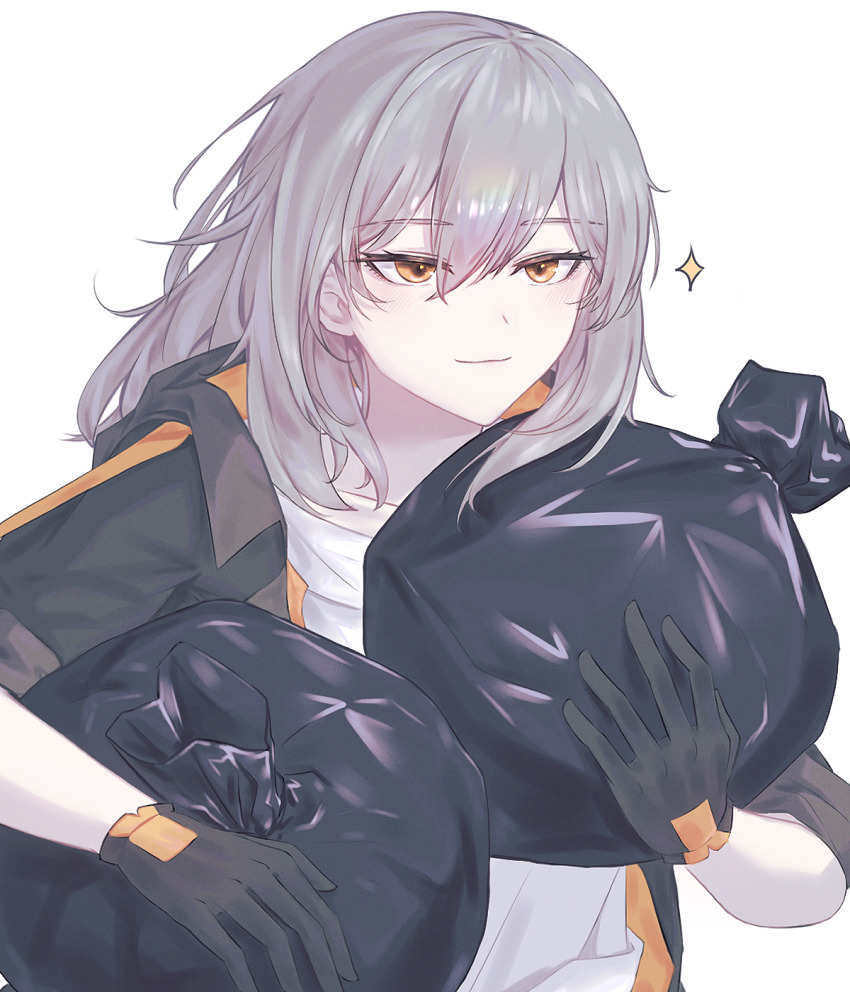 1girl, black_gloves, black_jacket, closed_mouth, commentary_request, gloves, grey_hair, hair_between_eyes, highres, holding, honkai:_star_rail, honkai_(series), jacket, korean_commentary, light_blush, medium_hair, nininininil, shirt, simple_background, sleeves_rolled_up, solo, star_(symbol), stelle_(honkai:_star_rail), trailblazer_(honkai:_star_rail), trash_bag, upper_body, white_background, white_shirt, yellow_eyes