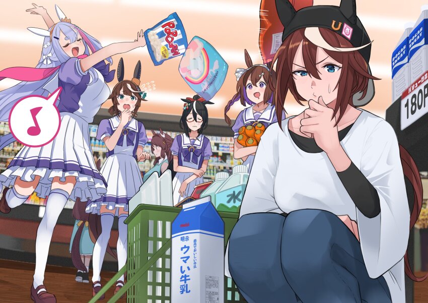 6+girls, absurdres, aged_up, animal_ears, beanie, black_headwear, black_shirt, blue_eyes