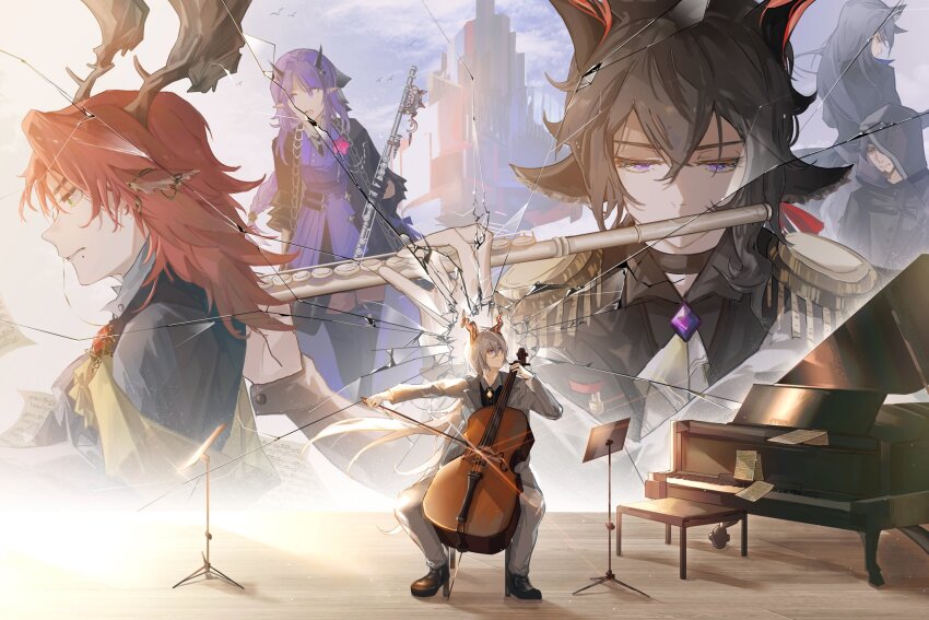 2girls, 4boys, :d, animal_ears, antlers, arknights, ascot, biegler_(arknights)