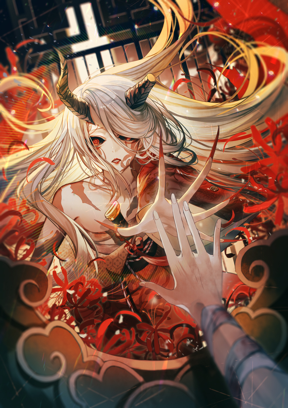 1girl, black_sclera, blurry, blurry_background, body_markings, broken_horn, chest_sarashi, colored_sclera