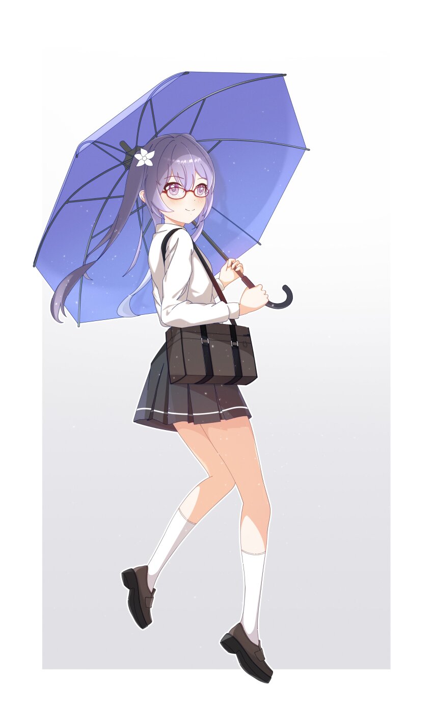 1girl, absurdres, bag, blush, breasts, briefcase, flower, flower_ornament