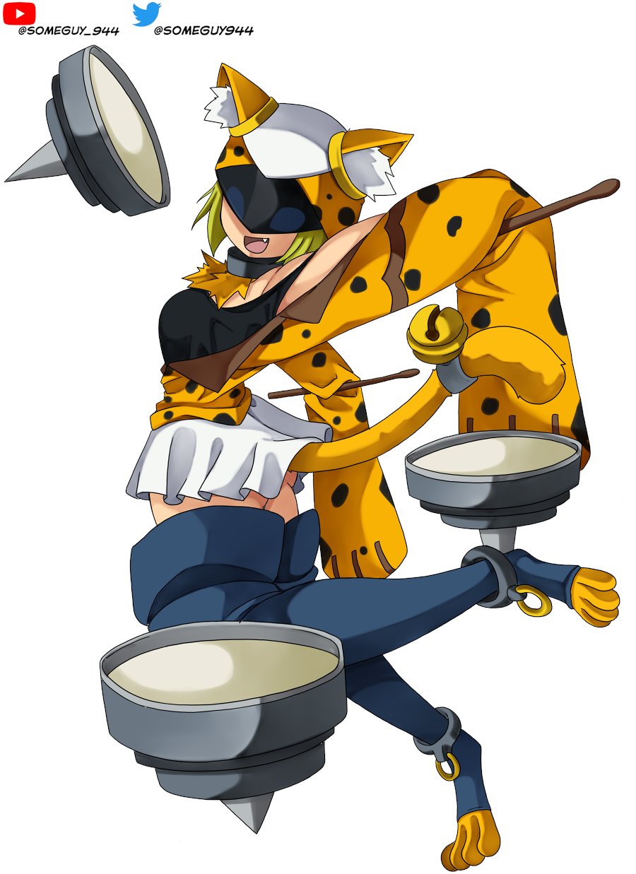 1girl, animal_ears, animal_print, anklet, bell, black_boots, black_shirt, blonde_hair