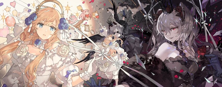 2girls, :o, arm_up, balloon, black_background, black_dress, black_feathers, black_gloves