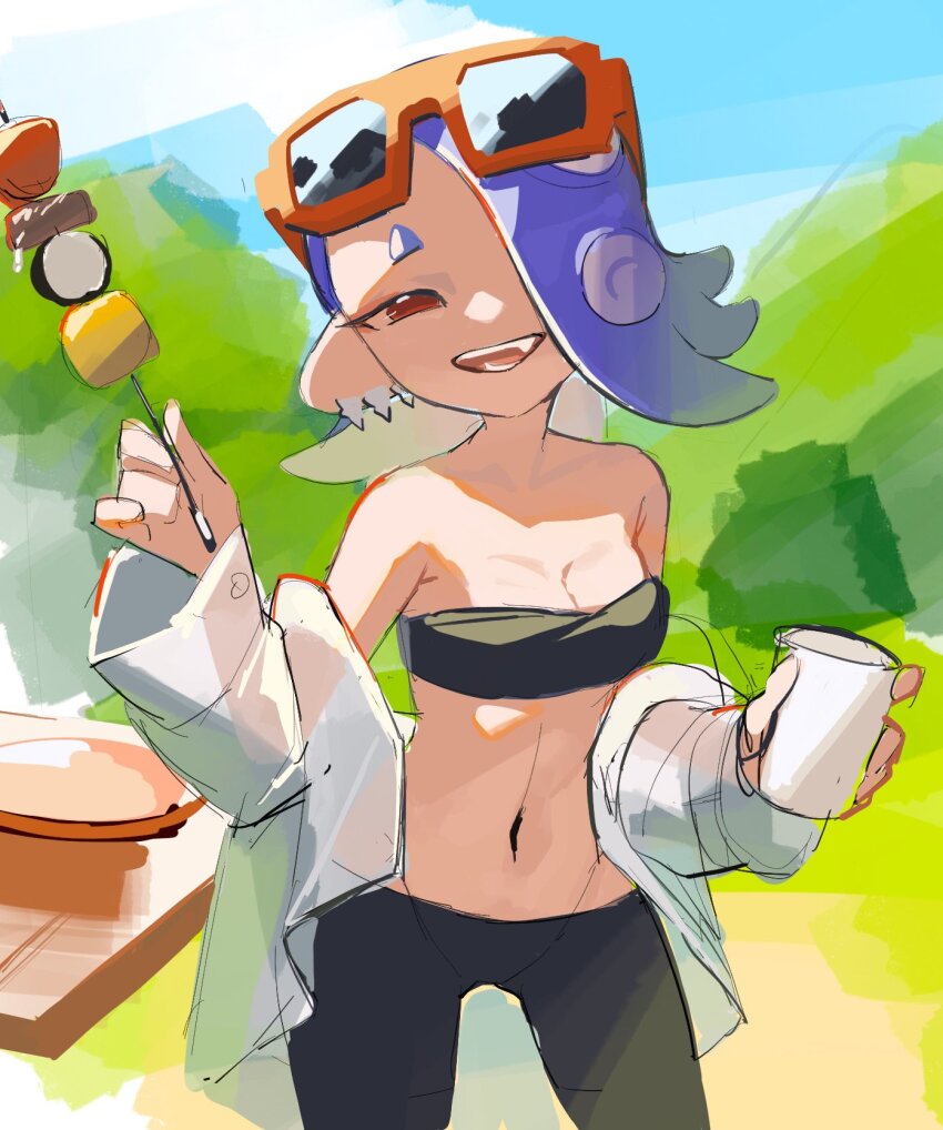 1girl, bare_shoulders, breasts, food, highres, meat, medium_breasts, nintendo