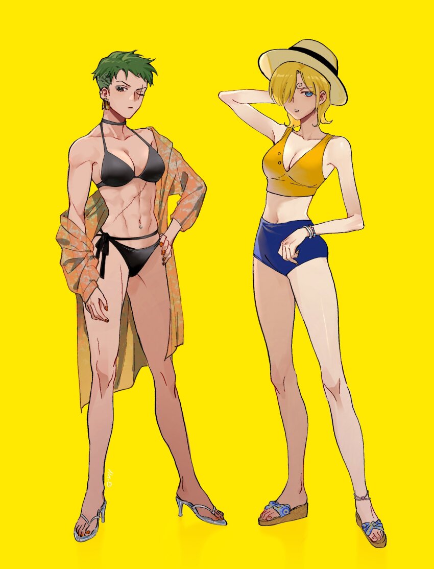 2girls, bikini, black_bikini, blonde_hair, blue_eyes, breasts, cleavage, commentary_request