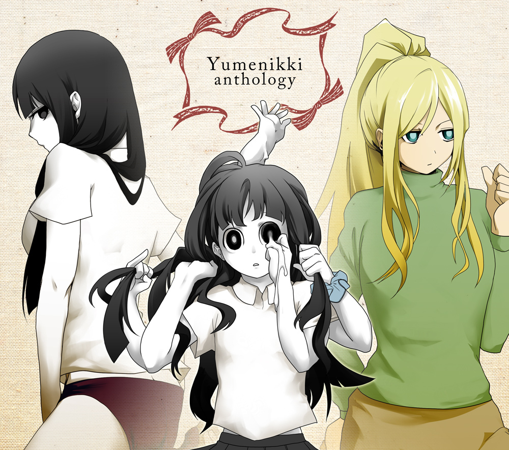 3girls, bad_id, bad_pixiv_id, black_hair, blonde_hair, dakkarubi, green_shirt, long_hair, monoe, monoko, multiple_girls, multiple_hands, poniko, shirt, yume_nikki