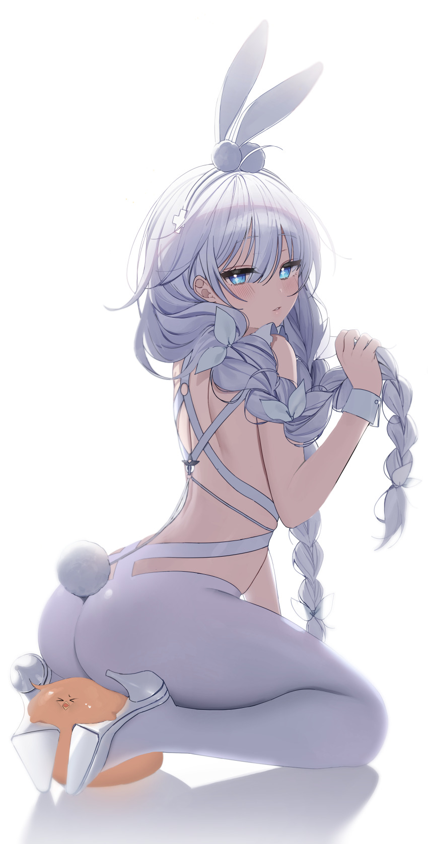 1girl, absurdres, ahoge, animal_ear_fluff, animal_ears, ass, azur_lane, bad_id, bad_tistory_id, bare_shoulders, bow, braid, fake_animal_ears, from_side, full_body, hair_between_eyes, hair_bow, hair_strand, hand_up, high_heel_sandals, high_heels, highres, holding, holding_own_hair, kneeling, le_malin_(azur_lane), le_malin_(listless_lapin)_(azur_lane), long_hair, looking_at_viewer, looking_to_the_side, messy_hair, myao_(o3o333), official_alternate_costume, pantyhose, parted_lips, playboy_bunny, rabbit_ears, rabbit_tail, revision, sandals, sleeveless, solo, tail, twin_braids, twintails, white_background, white_pantyhose