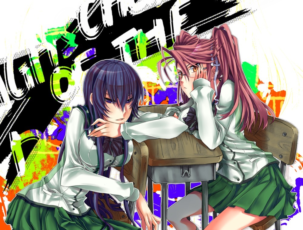 blue_eyes, blue_hair, busujima_saeko, glasses, highschool_of_the_dead, naridon, pink_hair, school_uniform