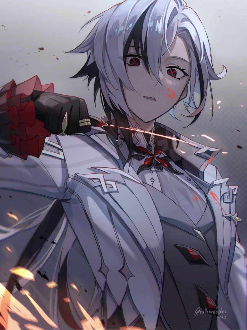 1girl, absurdres, arlecchino_(genshin_impact), arm_up, artist_name, black_eyes, black_hair, blood, blood_on_face, blood_splatter, collared_jacket, commentary, crossed_bangs, dated, embers, english_commentary, eyelashes, fallenmaples, fingernails, fingernails_over_gloves, floating_hair, frilled_sleeves, frills, genshin_impact, grey_background, hair_between_eyes, highres, jacket, jewelry, lapels, long_fingernails, long_hair, long_sleeves, looking_at_viewer, low_ponytail, multicolored_hair, open_clothes, open_jacket, open_mouth, parted_bangs, ponytail, red_pupils, ring, sharp_fingernails, sidelocks, simple_background, slit_throat_(gesture), solo, streaked_hair, symbol-shaped_pupils, teeth, turtleneck, twitter_username, two-tone_hair, upper_body, upper_teeth_only, white_hair, white_jacket, x-shaped_pupils