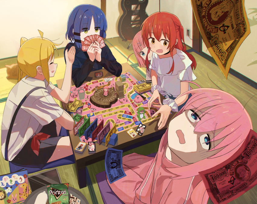 5girls, ahoge, bag_of_chips, blonde_hair, blue_eyes, blue_hair, blush, board_game, bocchi_the_rock!, brand_name_imitation, brown_eyes, closed_eyes, commentary_request, doritos, electric_guitar, flying_sweatdrops, gotoh_futari, gotoh_hitori, gotoh_hitori_(octopus), gotoh_hitori_(tsuchinoko), green_eyes, guitar, hair_between_eyes, highres, ijichi_nijika, indoors, instrument, jacket, kita_ikuyo, long_hair, long_sleeves, mole, mole_under_eye, multiple_girls, one_side_up, open_mouth, pants, pink_hair, pink_jacket, pink_pants, red_hair, shirasuke_0822, shirt, short_hair, short_sleeves, slice_of_life, tatami, the_game_of_life_(board_game), track_jacket, white_shirt, yamada_ryo
