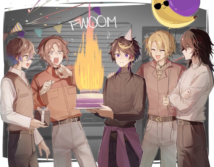 5boys, :d, ^^^, ^_^, artist_name, balloon, belt, belt_buckle