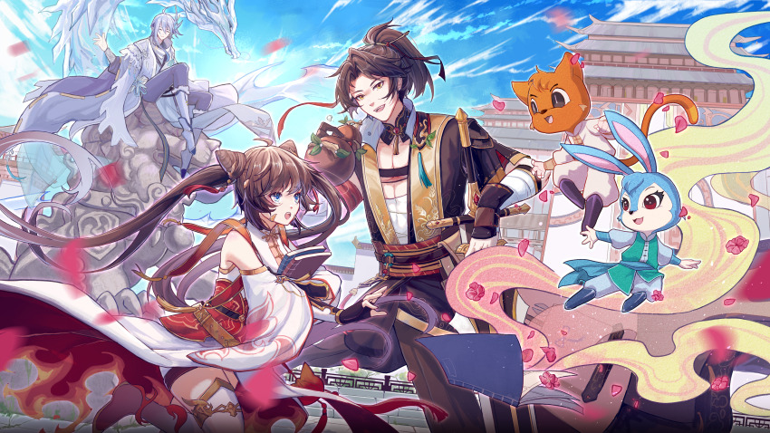 2girls, 3boys, :d, :o, ^_^, absurdres, architecture, arm_guards