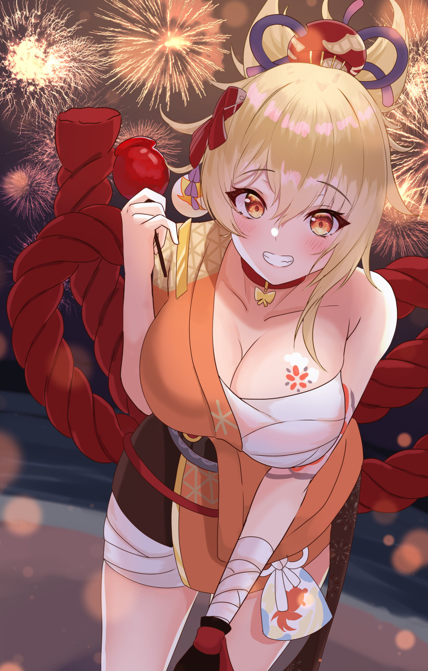 1girl, absurdres, bandaged_arm, bandaged_leg, bandages, blonde_hair, blush, breasts