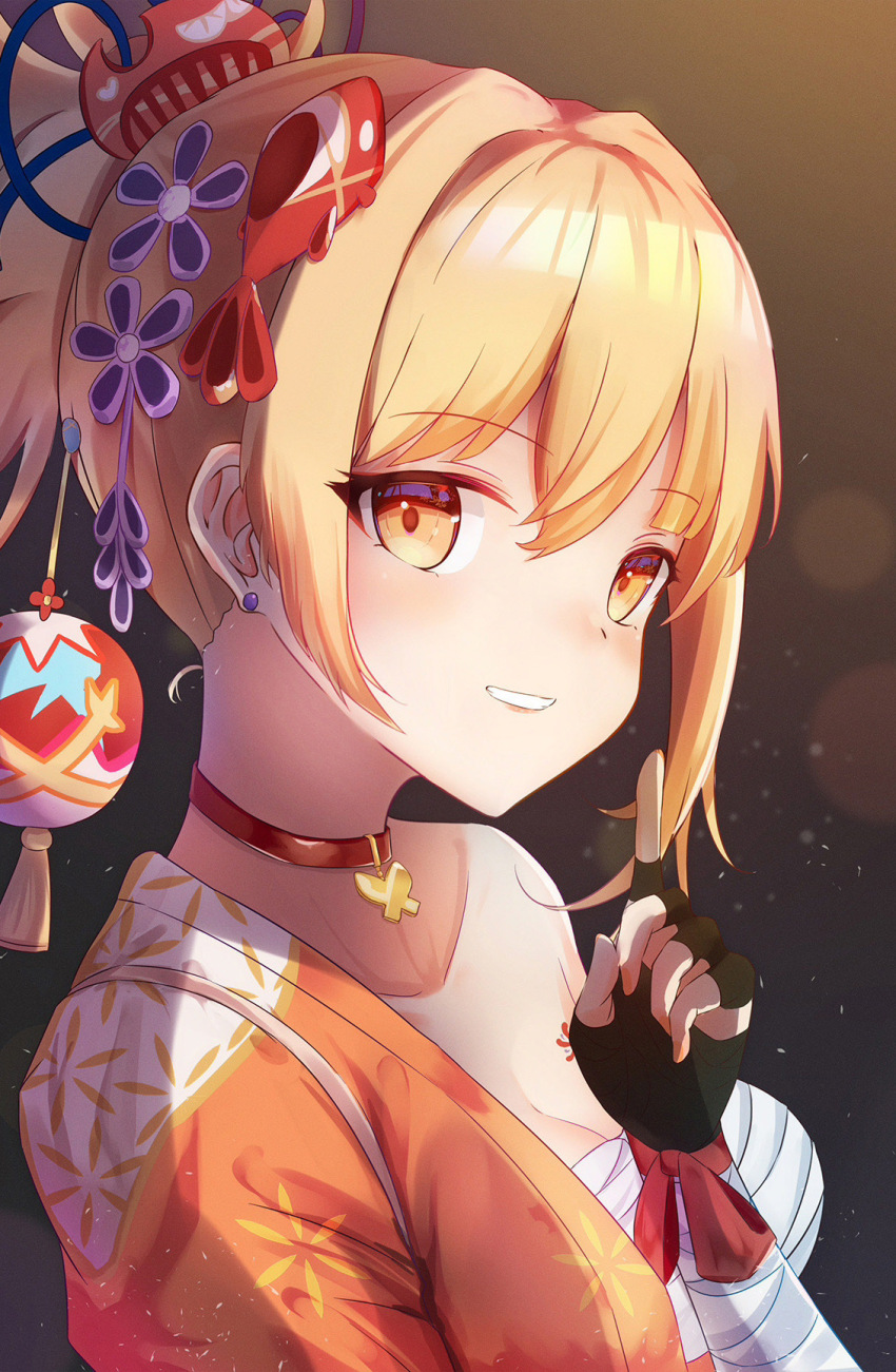 1girl, bandaged_arm, bandages, blonde_hair, breasts, butterfly_choker, chest_sarashi, choker