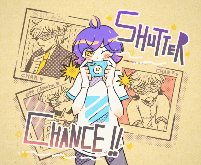 +_+, 2boys, adjusting_clothes, adjusting_necktie, artist_name, blue_eyes, blue_nails, blush, camera, char_aznable, covering_own_mouth, drinking, drinking_straw, drinking_straw_in_mouth, drooling, english_text, garma_zabi, glasses, gundam, gundam-san, heart, holding, holding_camera, looking_at_viewer, male_focus, mask, mobile_suit_gundam, mouth_drool, multiple_boys, multiple_views, necktie, one_eye_closed, open_mouth, paper_texture, partially_colored, photo_(object), purple_hair, shiikura, shirt, short_hair, sideways_glance, sleeping, star_(symbol), sweat, twitter_username, v-shaped_eyebrows, white_shirt, yellow_eyes, yellow_necktie