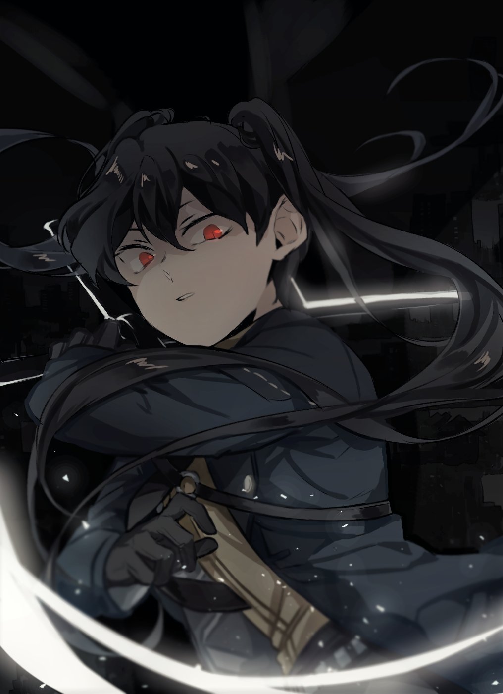 1girl, black_gloves, black_hair, blue_jacket, chel_(ttt_lc), gloves, highres, holding