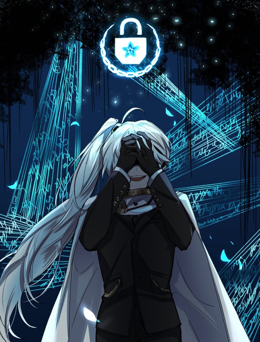 1boy, black_gloves, black_jacket, cape, chain, chel_(ttt_lc), commentary, covering_face, cowboy_shot, falling_petals, gloves, gold_trim, hands_up, highres, jacket, library_of_ruina, lock, long_hair, multicolored_hair, petals, project_moon, side_ponytail, solo, streaked_hair, string, very_long_hair, white_cape, white_hair, yan_vismok
