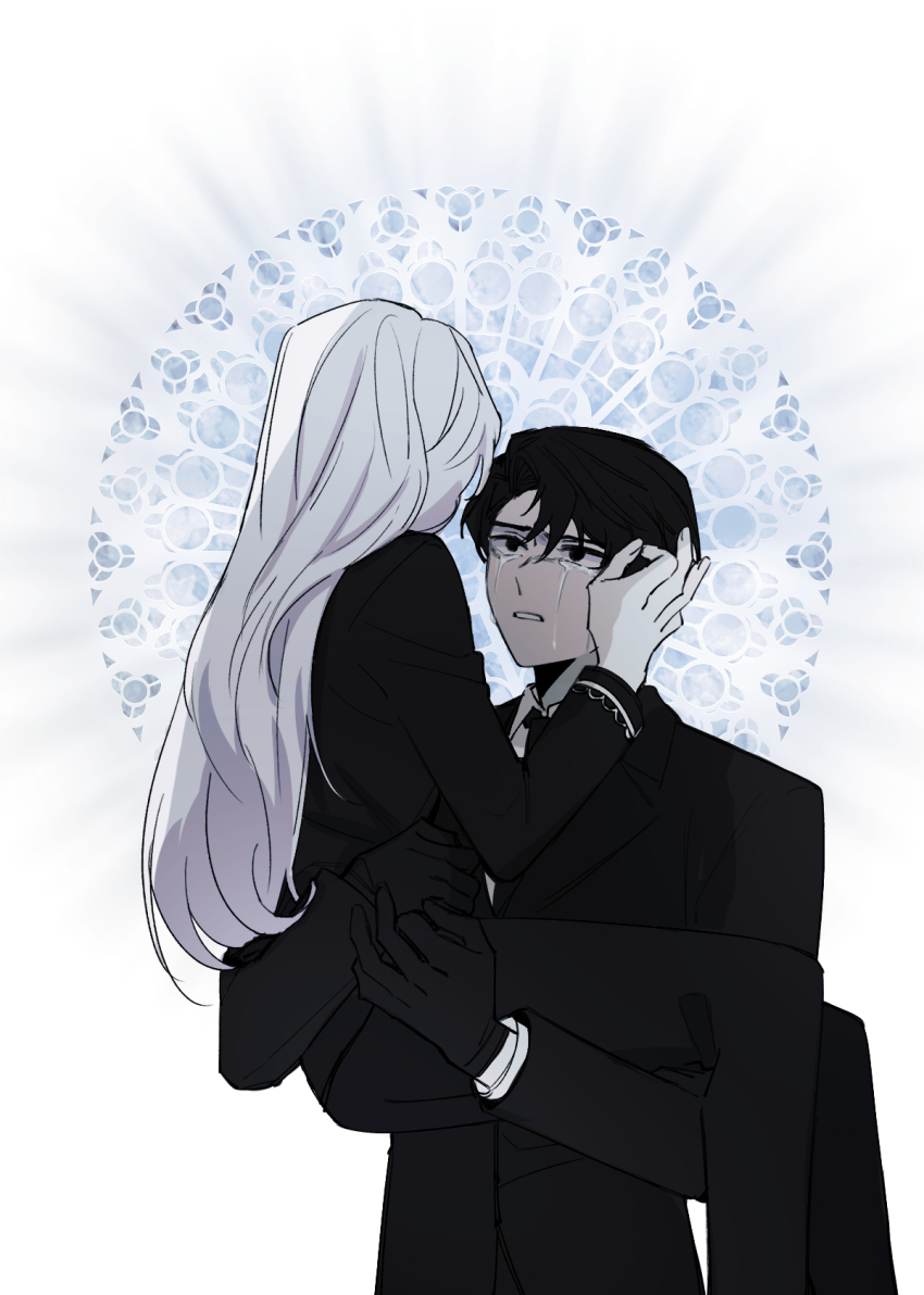 1boy, 1girl, angelica_(project_moon), black_eyes, black_gloves, black_hair, black_jacket, black_necktie