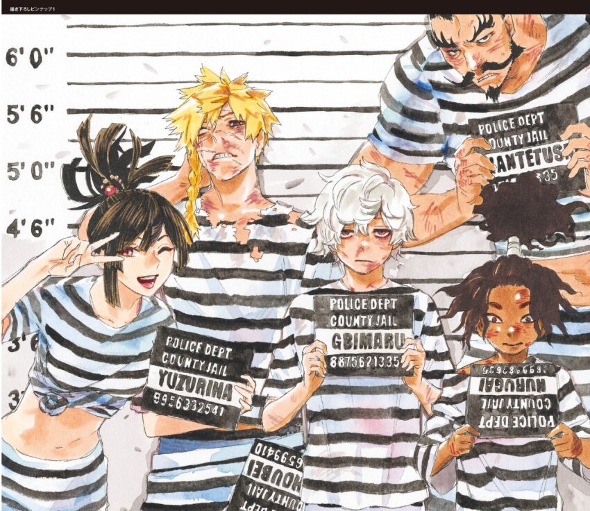 2girls, 3boys, arm_behind_head, aza_choubei, beard, beaten, belly, blonde_hair