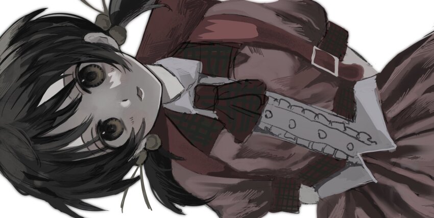 1girl, :3, arms_behind_back, ascot, backpack, bag, black_hair, brown_eyes