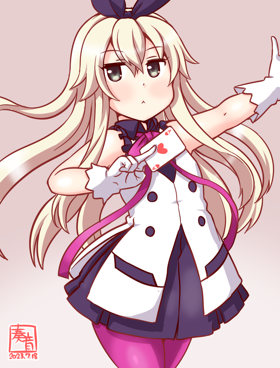 1girl, azure_striker_gunvolt, blonde_hair, blush, card, cosplay, dress, gloves