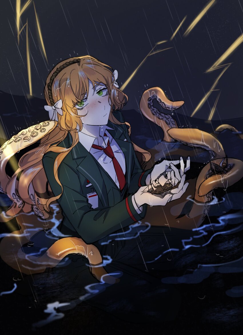 1girl, absurdres, black_jacket, black_vest, blush, boat, bow, brown_hairband