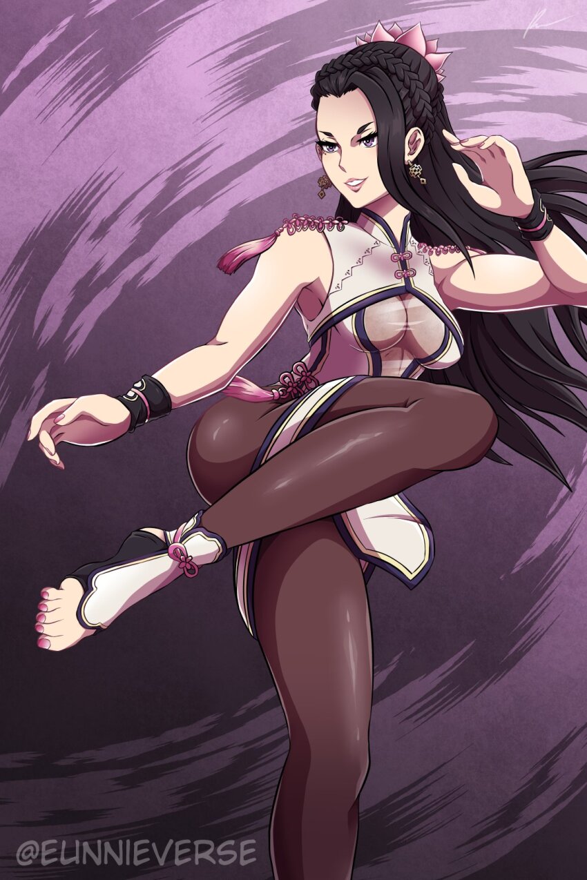 1girl, barefoot, black_hair, breasts, chinese_clothes, dress, earrings, eunnieverse, fighting_stance, flower, hair_flower, hair_ornament, highres, jewelry, large_breasts, lipstick, long_hair, luong, makeup, mole, mole_under_eye, pantyhose, purple_eyes, solo, the_king_of_fighters, the_king_of_fighters_xv