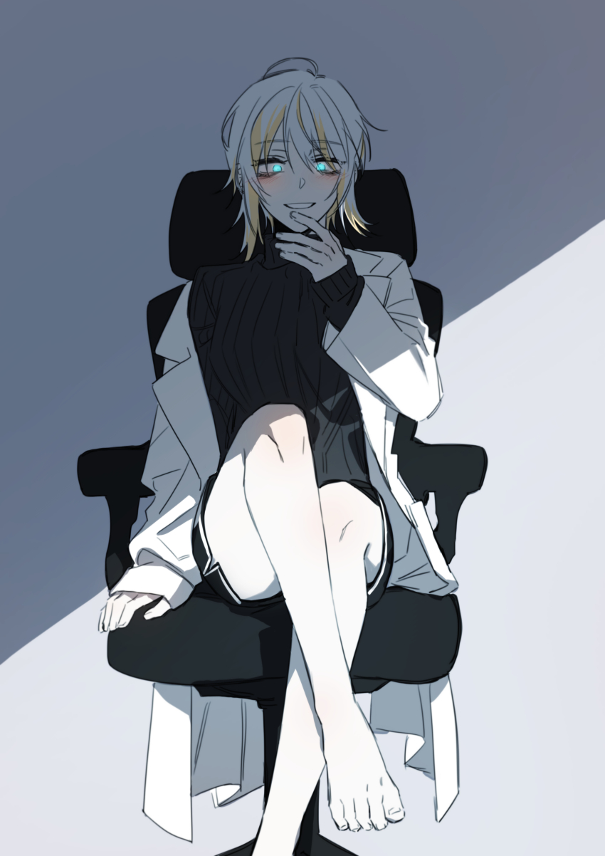 1girl, absurdres, bare_legs, black_shorts, black_sweater, blonde_hair, blue_eyes, chair, chel_(ttt_lc), coat, faust_(project_moon), highres, lab_coat, limbus_company, long_sleeves, looking_at_viewer, multicolored_hair, office_chair, parted_lips, project_moon, ribbed_sweater, shorts, solo, streaked_hair, sweater, swivel_chair, turtleneck, turtleneck_sweater, white_coat, white_hair