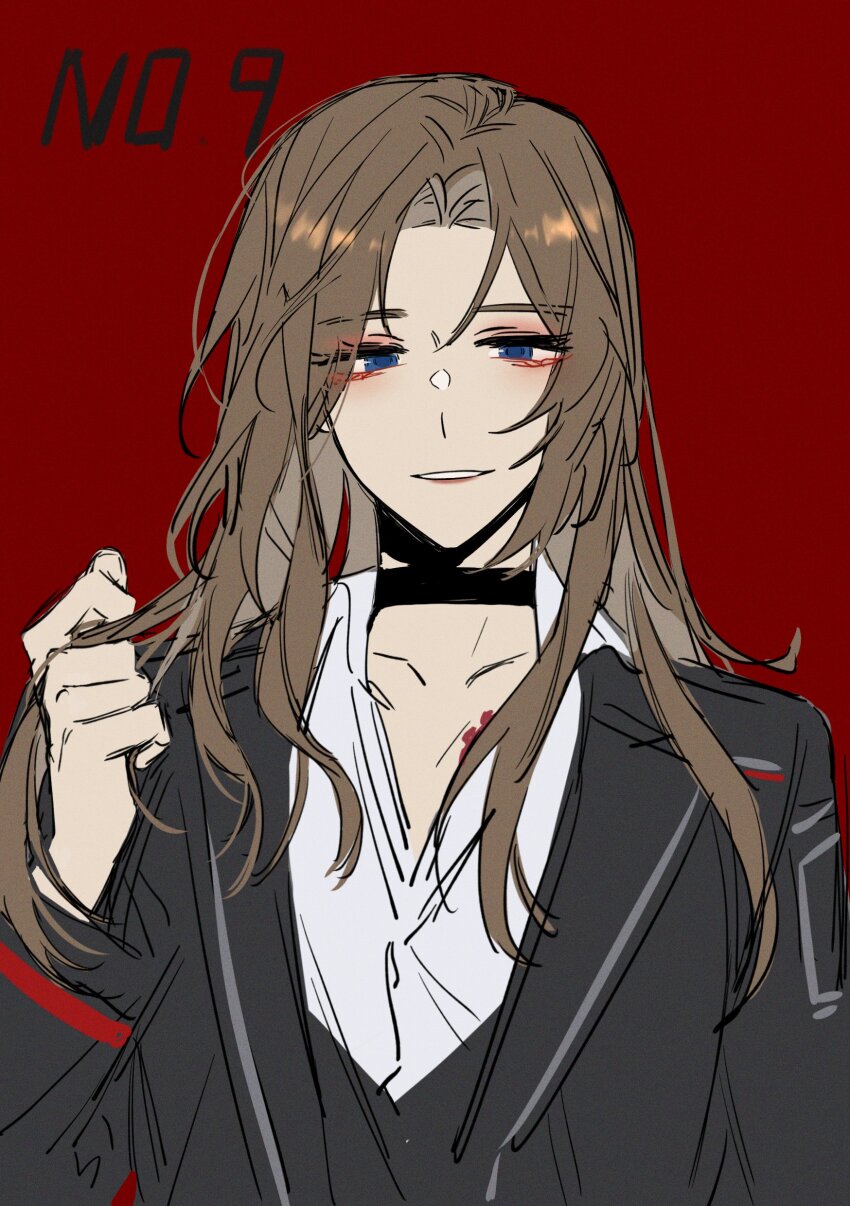 1girl, absurdres, black_choker, blue_eyes, brown_hair, chel_(ttt_lc), choker, highres