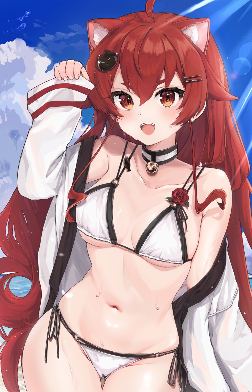 1girl, absurdres, ahoge, animal_ears, baba_kirika, bare_shoulders, bell, bikini, breasts, choker, commentary_request, cowboy_shot, eris_greyrat, hair_between_eyes, highres, jacket, long_hair, looking_at_viewer, mushoku_tensei, navel, neck_bell, off_shoulder, open_clothes, open_jacket, open_mouth, red_eyes, red_hair, side-tie_bikini_bottom, small_breasts, smile, solo, string_bikini, swimsuit, thick_eyebrows, white_bikini