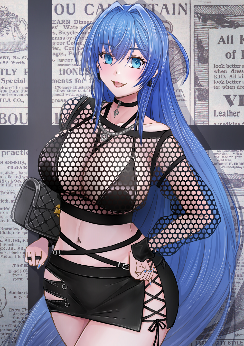 1girl, azur_lane, bag, black_bra, black_choker, black_skirt, blue_eyes, blue_hair