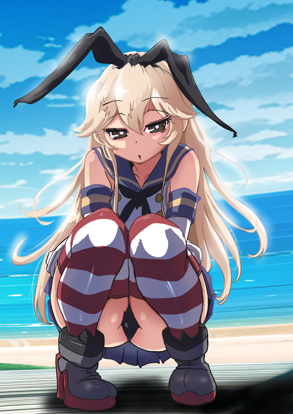 1girl, beach, black_neckerchief, black_panties, blonde_hair, blue_sailor_collar, blue_skirt, blue_sky
