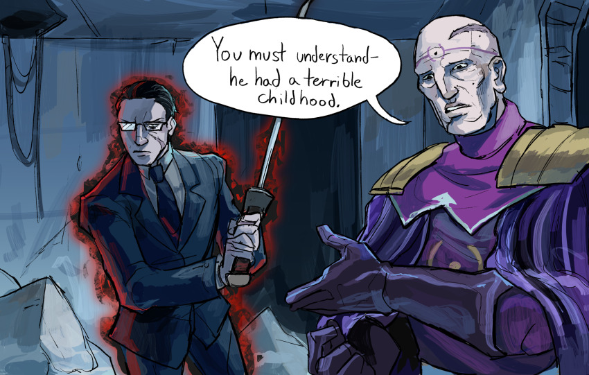 2boys, bald, black_hair, black_necktie, black_suit, business_suit, commentary, dialogue_box, english_commentary, english_text, formal_clothes, glasses, gloves, glowing, highres, holding, holding_sword, holding_weapon, katana, marbleboa, mob_psycho_100, multiple_boys, muraki_(mob_psycho_100), necktie, old, old_man, opaque_glasses, partially_opaque_glasses, purple_robe, robe, ruins, sakurai_yusuke, salaryman, scar, scar_on_face, scar_on_head, speech_bubble, suit, sword, weapon