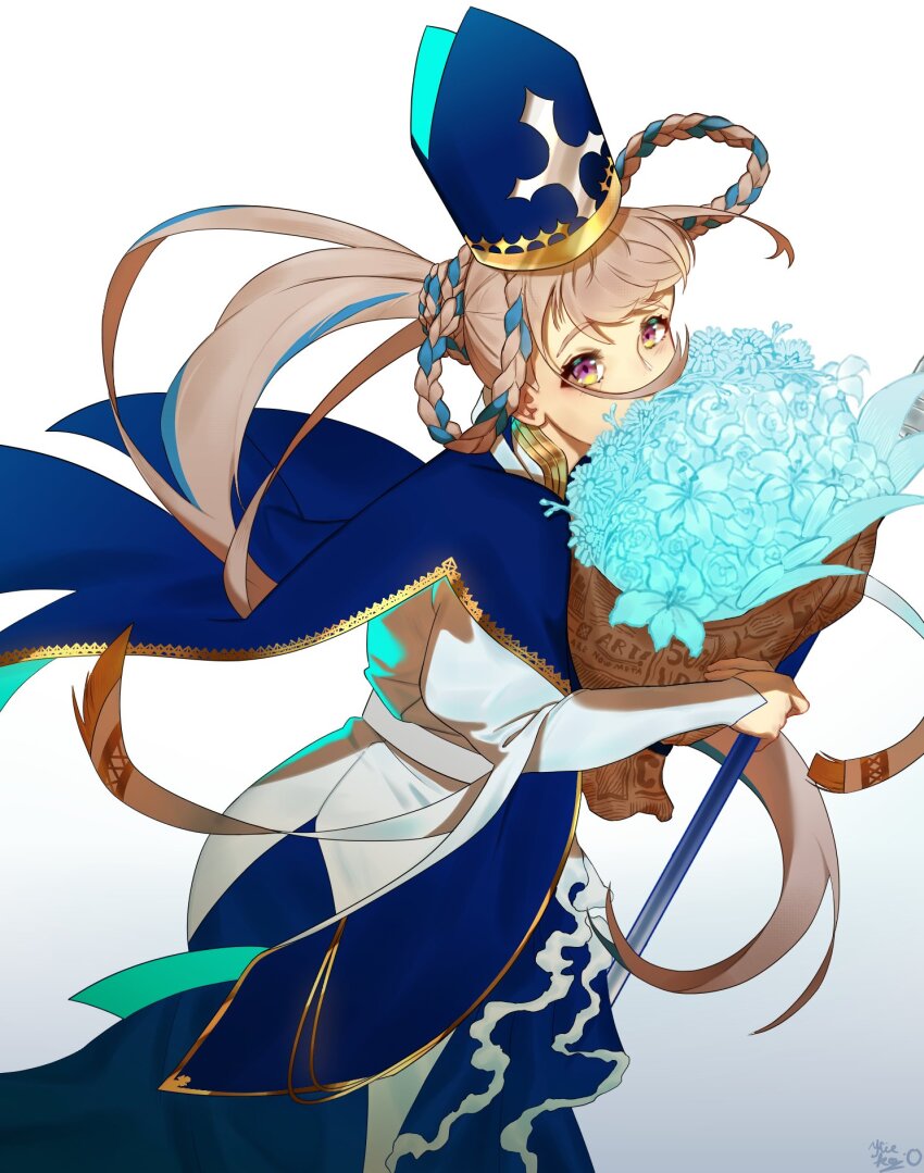 bouquet, braid, dress, fate/grand_order, fate_(series), flower, highres, holding, holding_bouquet, holding_staff, johanna_(fate), johanna_(third_ascension)_(fate), kiekoio, long_hair, looking_at_viewer, multicolored_eyes, multicolored_hair, staff