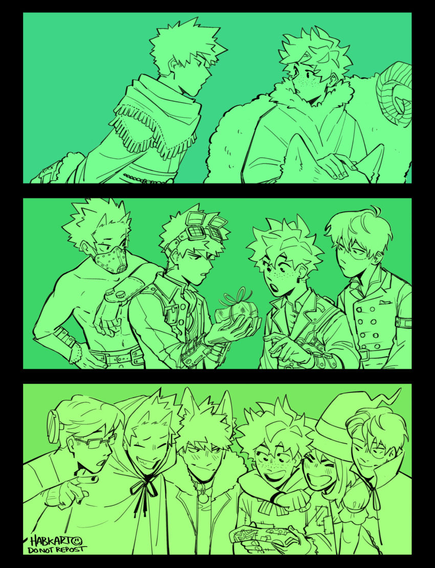 1girl, 5boys, animal, arm_around_neck, bakugou_katsuki, black_border, boku_no_hero_academia, boku_no_hero_academia_6th_popularity_poll