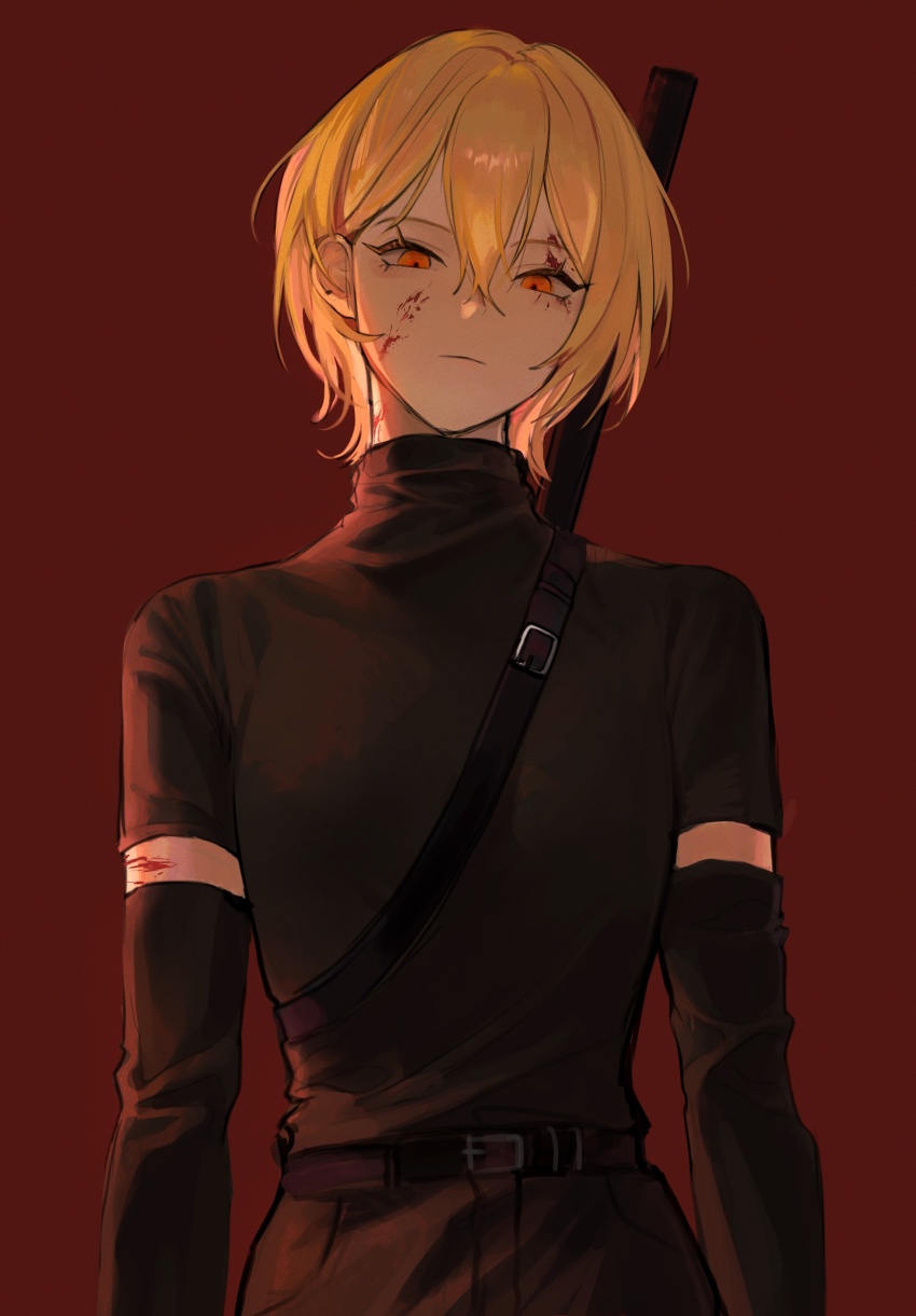 1girl, absurdres, belt, black_belt, black_gloves, black_pants, black_shirt, closed_mouth