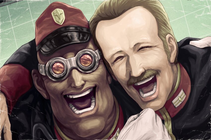 2boys, arm_around_shoulder, bask_om, black_jacket, clenched_hand, facial_hair, gloves, goggles, gundam, hair_behind_ear, hat, highres, jacket, jamaican_daningan, light_brown_hair, male_focus, multiple_boys, mustache, portrait, red_headwear, sakkan, smile, white_gloves, zeta_gundam