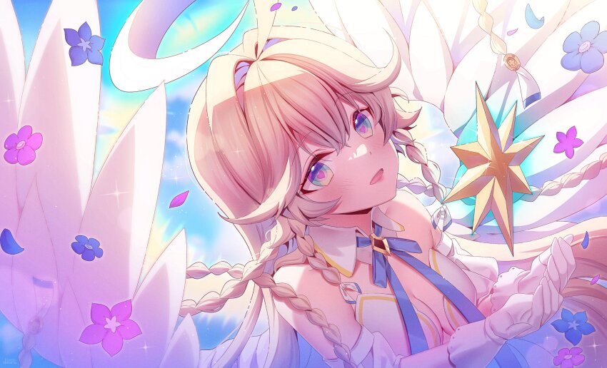 1girl, angel_of_light_angelica_(epic_seven), angelica_(epic_seven), blue_flower, blue_ribbon, blush, braid, breasts, cleavage, commentary, cowlick, detached_collar, dress, english_commentary, epic_seven, floating_hair, flower, gloves, hair_intakes, halo, heart, heart_in_eye, highres, long_hair, looking_up, loveedreams, medium_breasts, neck_ribbon, open_hands, open_mouth, petals, purple_flower, ribbon, side_braids, sky, smile, solo, sparkle, star_(symbol), symbol_in_eye, very_long_hair, white_dress, white_gloves, wings
