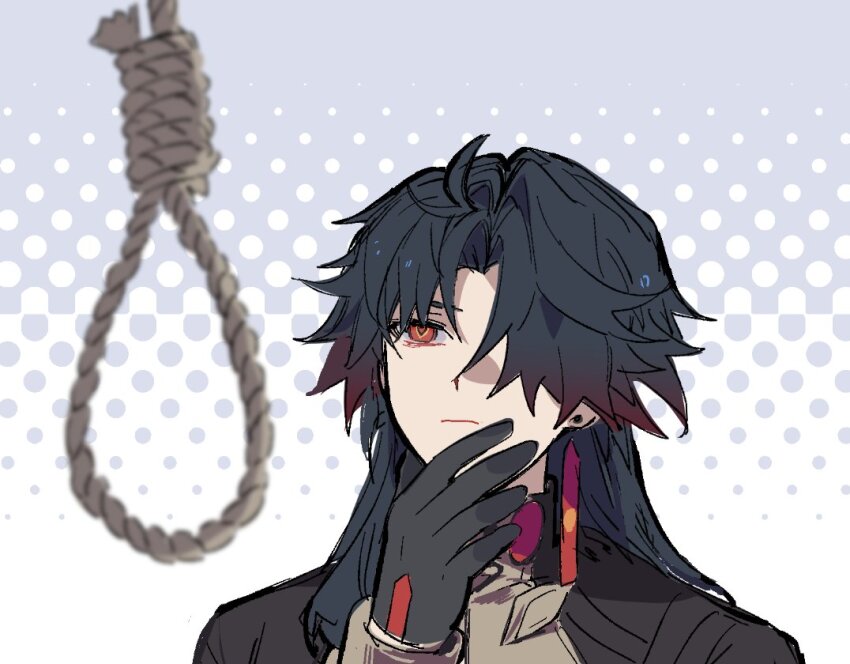1boy, :|, black_gloves, blade_(honkai:_star_rail), chinese_clothes, closed_mouth, earrings, gloves, honkai:_star_rail, honkai_(series), jewelry, long_hair, male_focus, man_looking_at_noose_(meme), meme, noose, parted_bangs, red_eyes, rope, san_ystr, simple_background, solo, thinking, upper_body