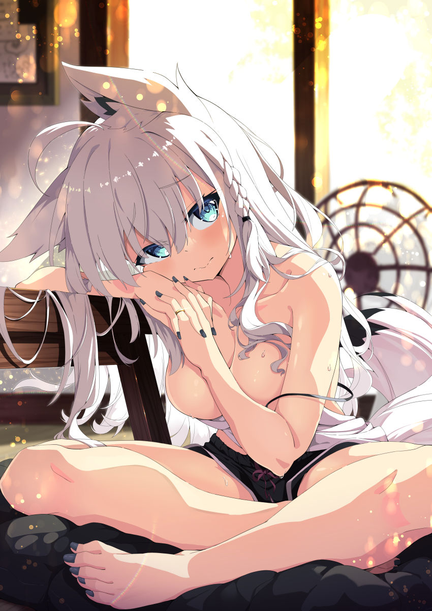 1girl, absurdres, ahoge, animal_ear_fluff, animal_ears, barefoot, black_nails, black_shorts